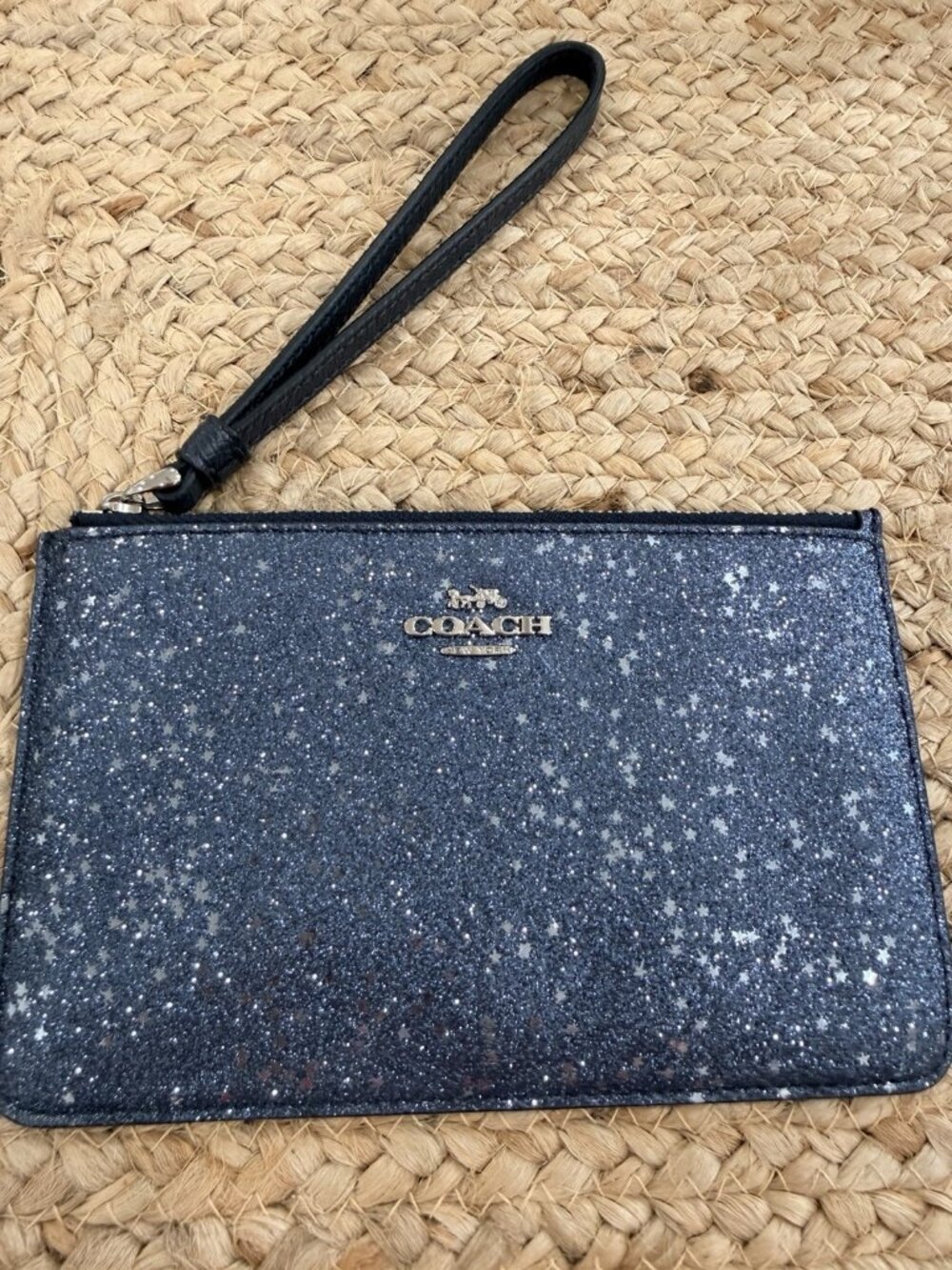 Coach Glitter Wristlet Blue Sparkles and Stars Black Leather Strap 7x4” NWOT